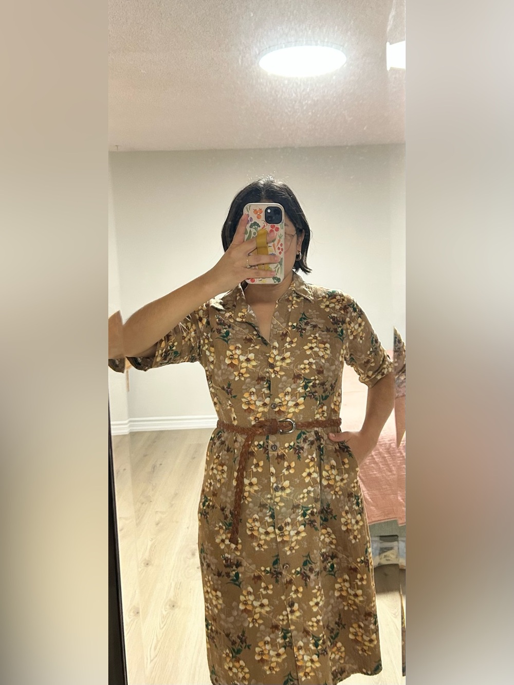 Vintage Brown Floral Button-Front Shirt Dress